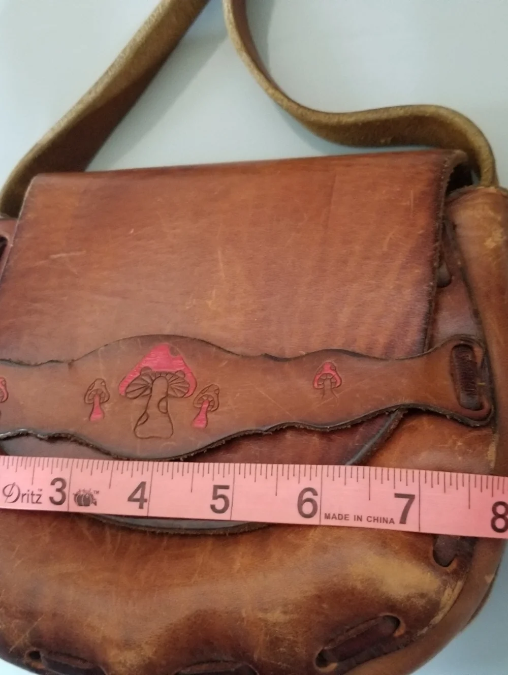 Vtg 70s Tooled Leather Mushroom Boho Saddle Bag Hippy Distressed Purse. - Picture 15 of 16